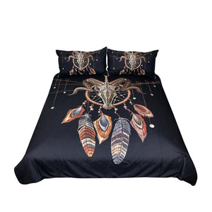 Indian Skull Duvet Cover Set 3pcs Feathers